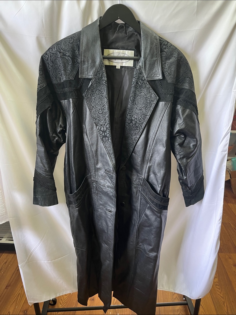 Women’s Black Leather Long Coat with Paisley Detail